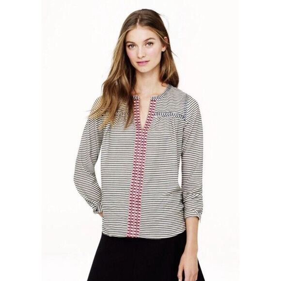 J Crew Striped Tribal Embroidered Peasant Boho Blouse Top Size Small 3/4 Sleeve - Picture 1 of 11